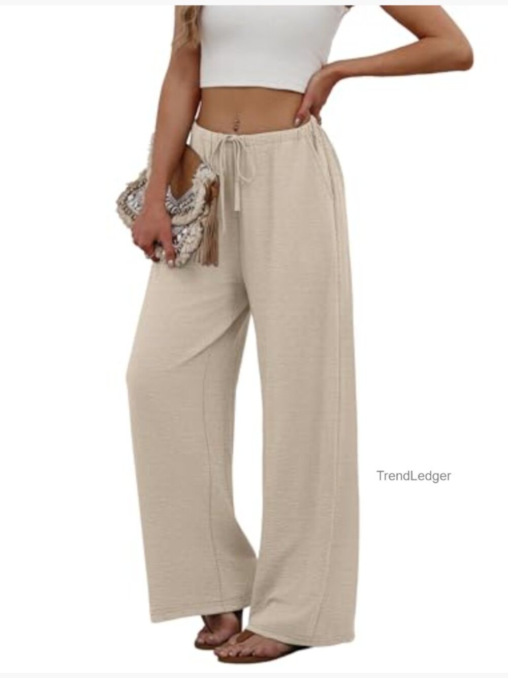 Wide Leg Palazzo Pants with Pockets Drawstring Elastic Waist Flowy Trousers - Picture 4 of 7